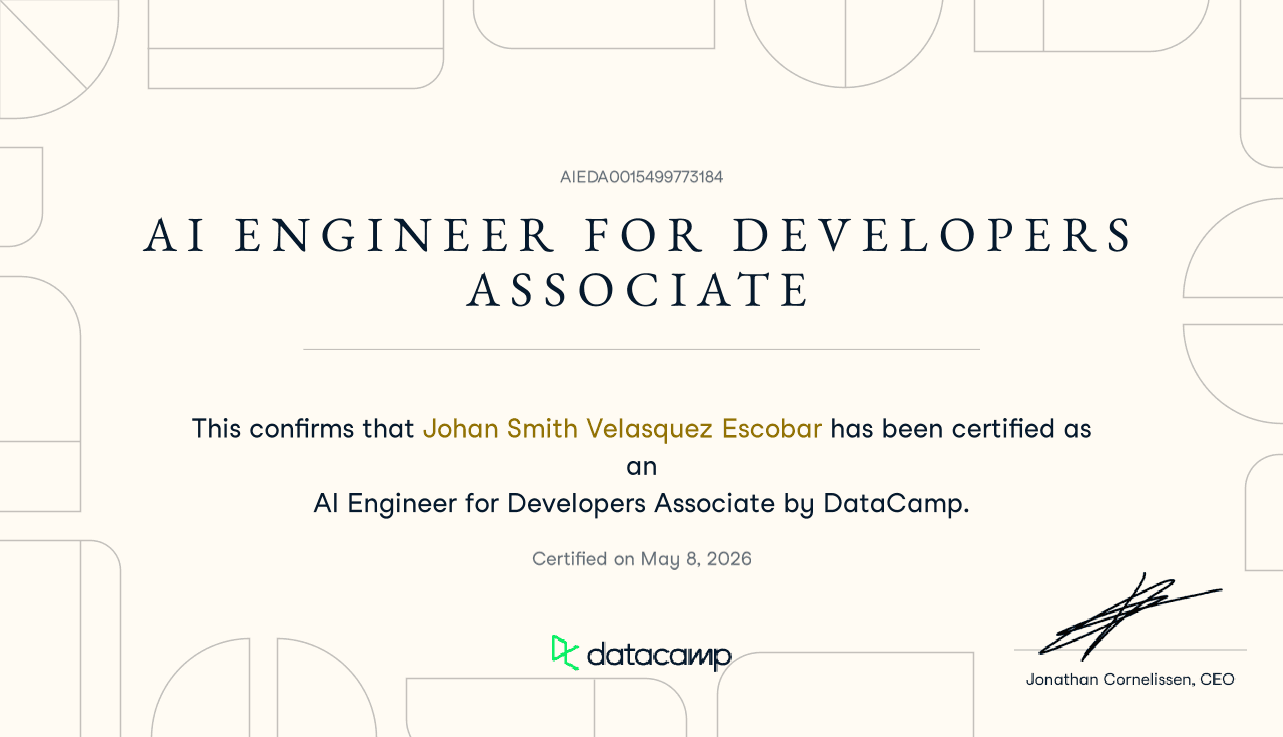 Certificado AI Engineer for Developers Associate de DataCamp, a nombre de Johan Smith Velasquez Escobar