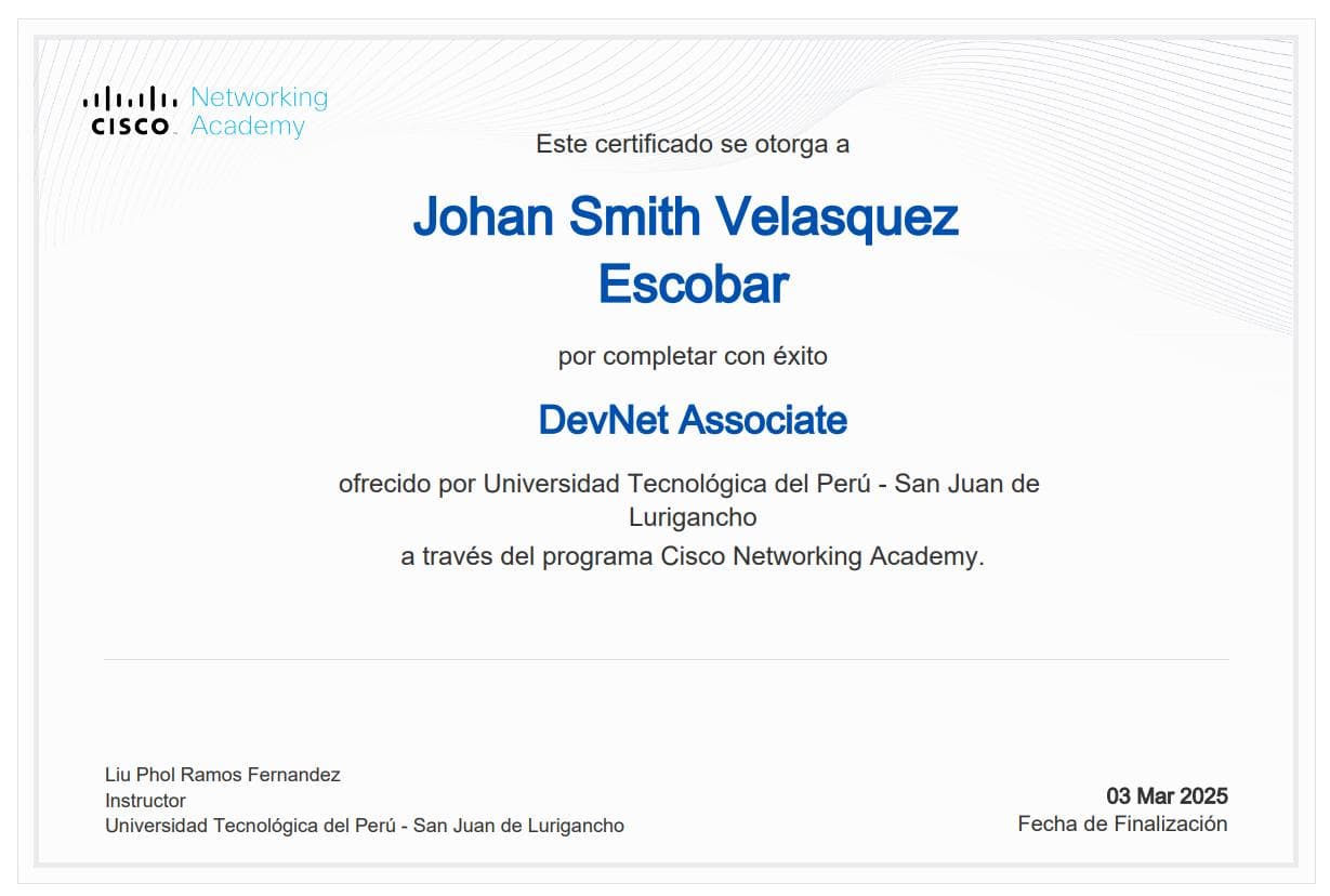 Certificado DevNet Associate de Cisco Networking Academy, a nombre de Johan Smith Velasquez Escobar