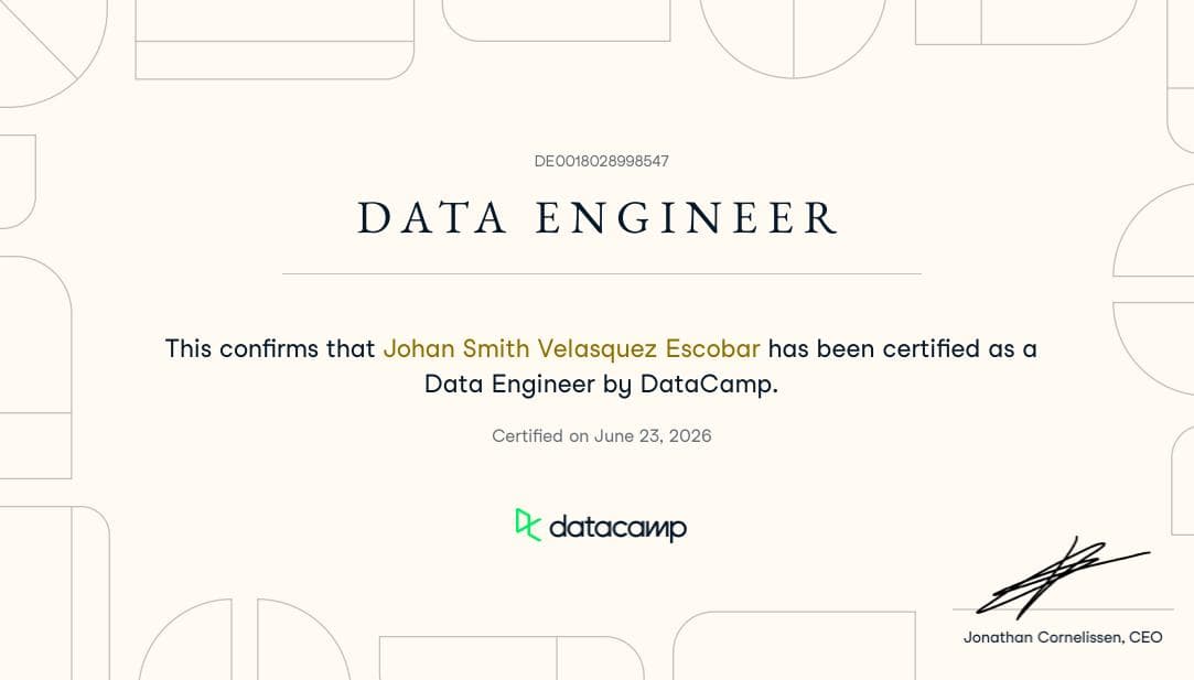 Certificado Data Engineer de DataCamp, a nombre de Johan Smith Velasquez Escobar